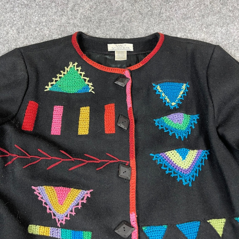 Sandy Starkman Womens Wool Blend Embroidered Art to Wear Jacket Black Multi L - Picture 3 of 8